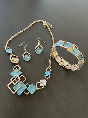 Gold & Teal Geometric Statement Necklace, Bracelet & Earring Set - Women Jewelry